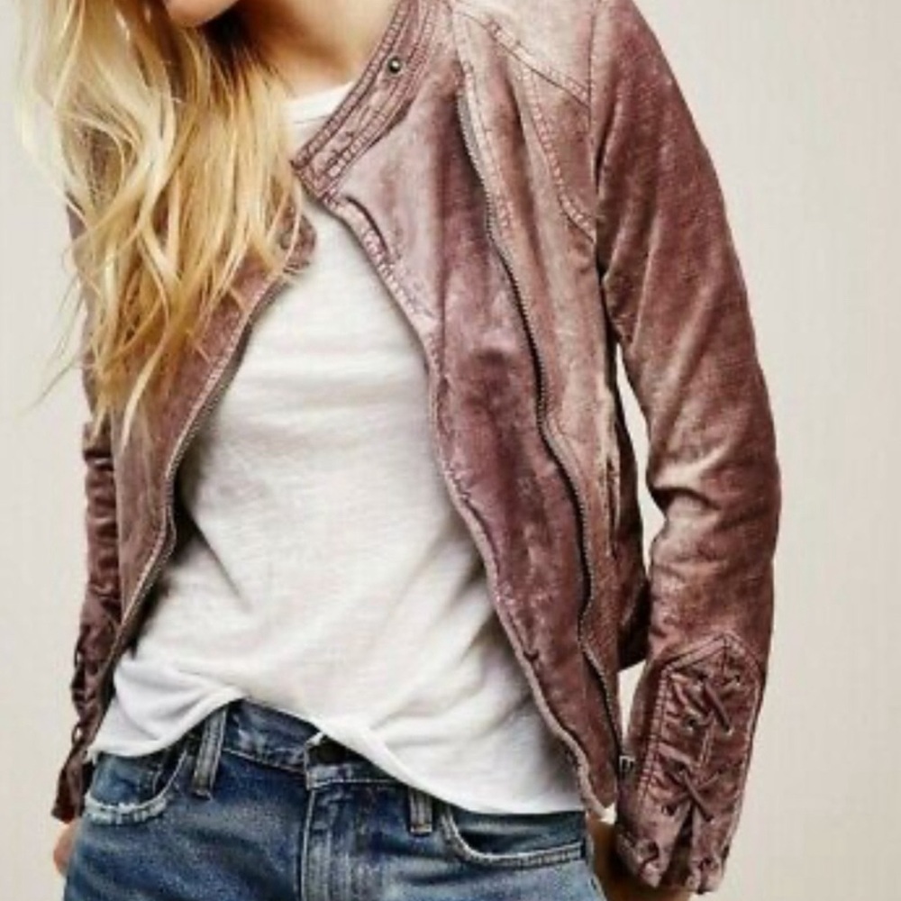Free People Mauve Faux Velvet Motorcycle Jacket
